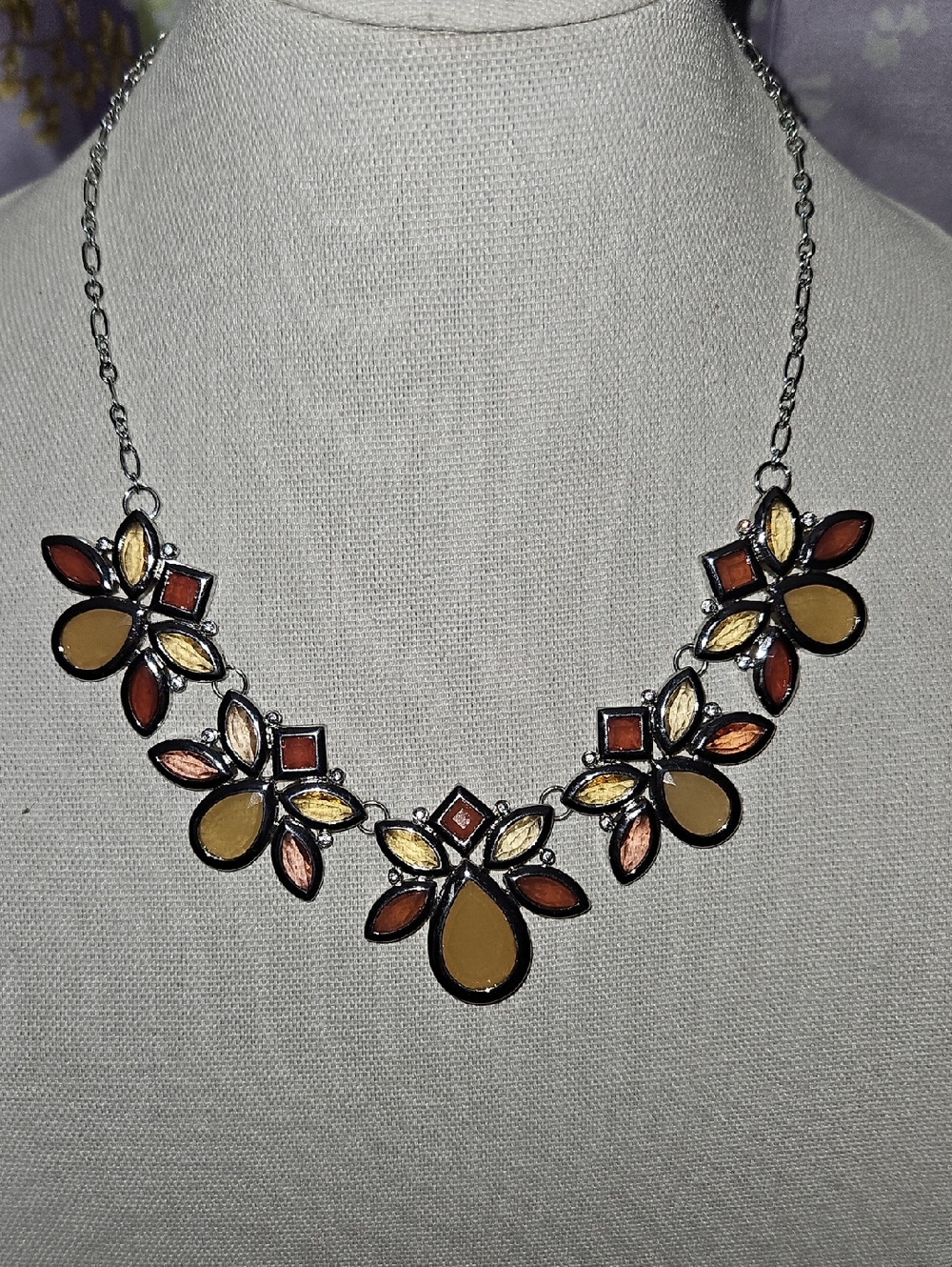 White House Black Market Gold, Copper & Amber Floral Bib Necklace